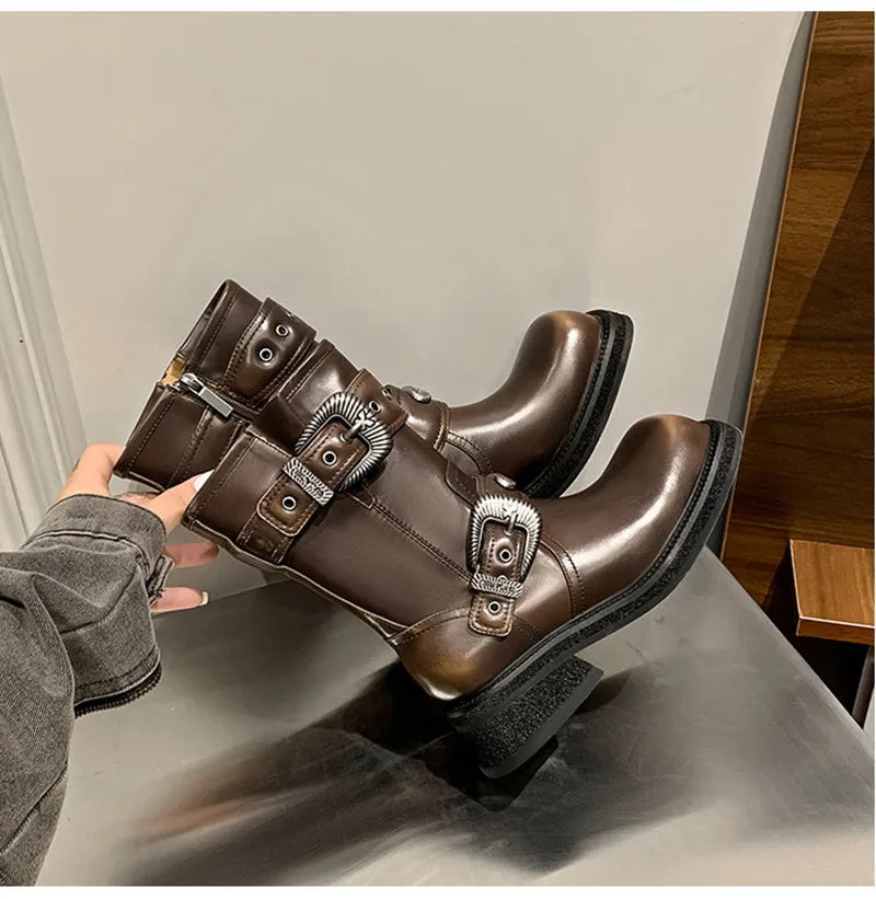 Metal Belt Buckle Motorcycle Boots Rivet Patent Leather Platform Wedge High heels Chunky Boots Shoes